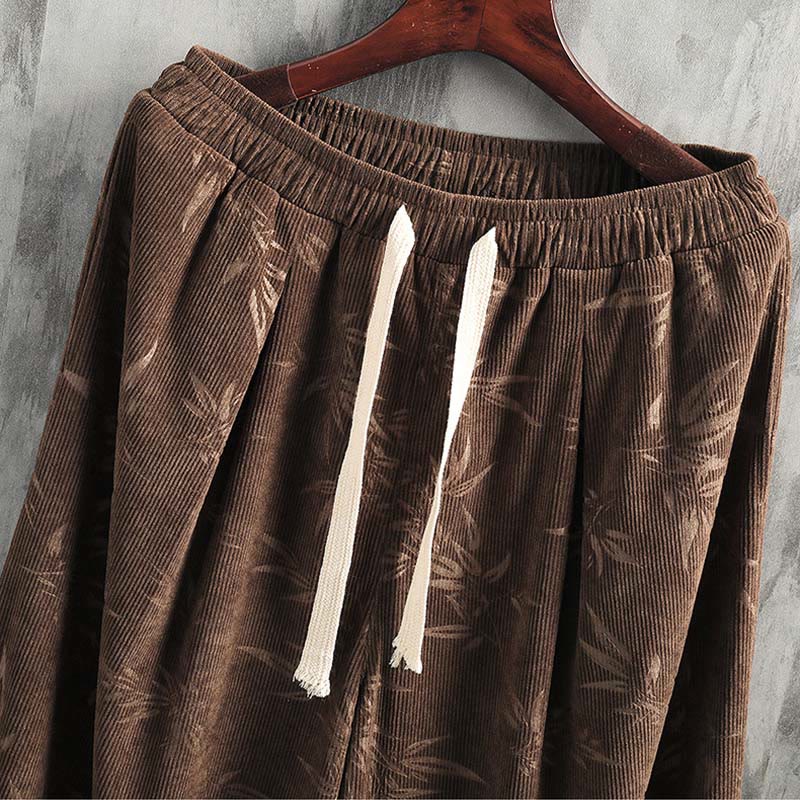 Pantalones anchos de pana con cordón de algodón y hojas de bambú y Buddha Stones para hombre con bolsillos