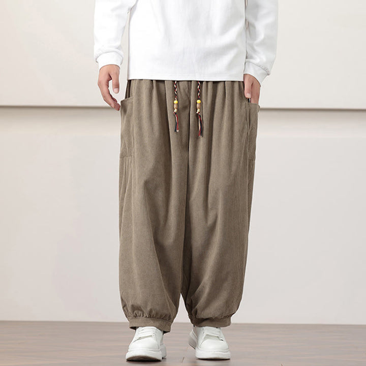 Pantalones harén de pana con cordón y bolsillos de color liso para hombre con Buddha Stones - image 22