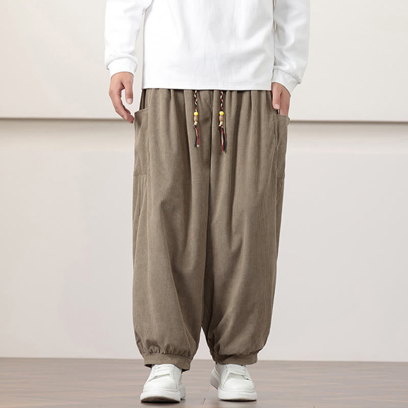 Pantalones harén de pana con cordón y bolsillos de color liso para hombre con Buddha Stones - image 22