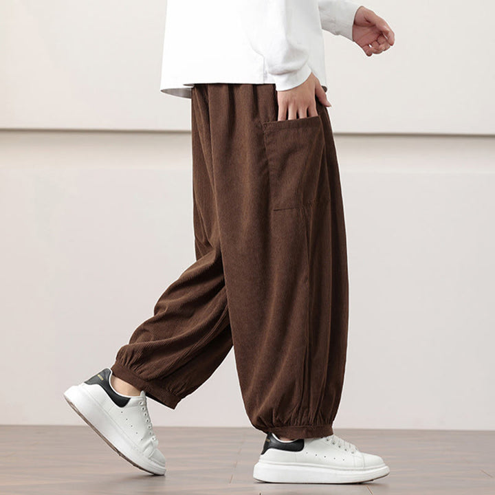 Pantalones harén de pana con cordón y bolsillos de color liso para hombre con Buddha Stones - image 40