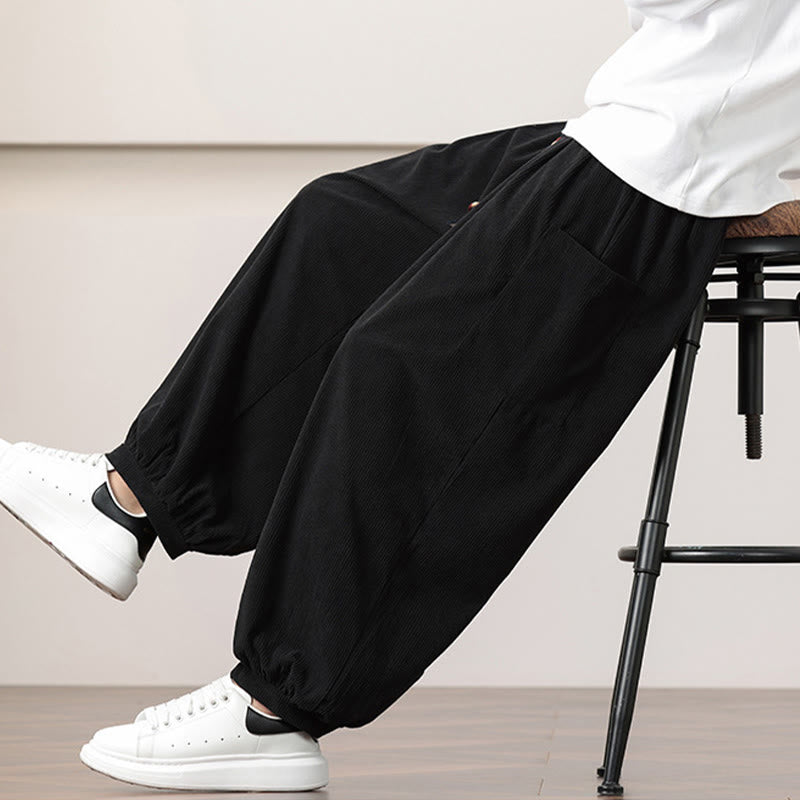 Pantalones harén de pana con cordón y bolsillos de color liso para hombre con Buddha Stones - image 16
