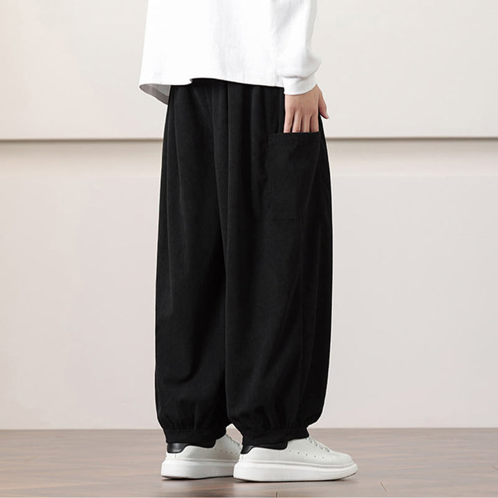 Pantalones harén de pana con cordón y bolsillos de color liso para hombre con Buddha Stones - image 14