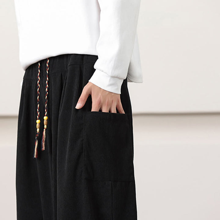 Pantalones harén de pana con cordón y bolsillos de color liso para hombre con Buddha Stones - image 18
