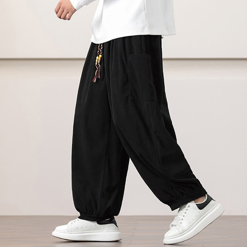 Pantalones harén de pana con cordón y bolsillos de color liso para hombre con Buddha Stones - image 13