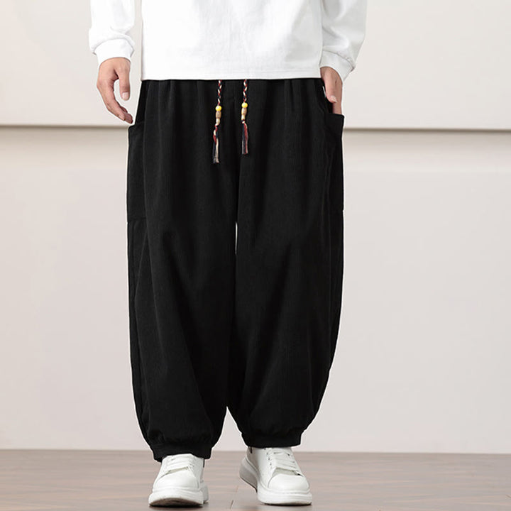 Pantalones harén de pana con cordón y bolsillos de color liso para hombre con Buddha Stones - image 10