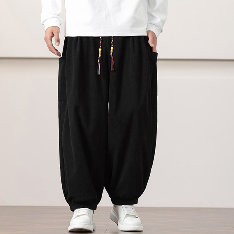 Pantalones harén de pana con cordón y bolsillos de color liso para hombre con Buddha Stones - image 10