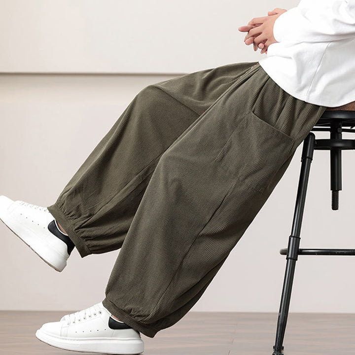 Pantalones harén de pana con cordón y bolsillos de color liso para hombre con Buddha Stones - image 8