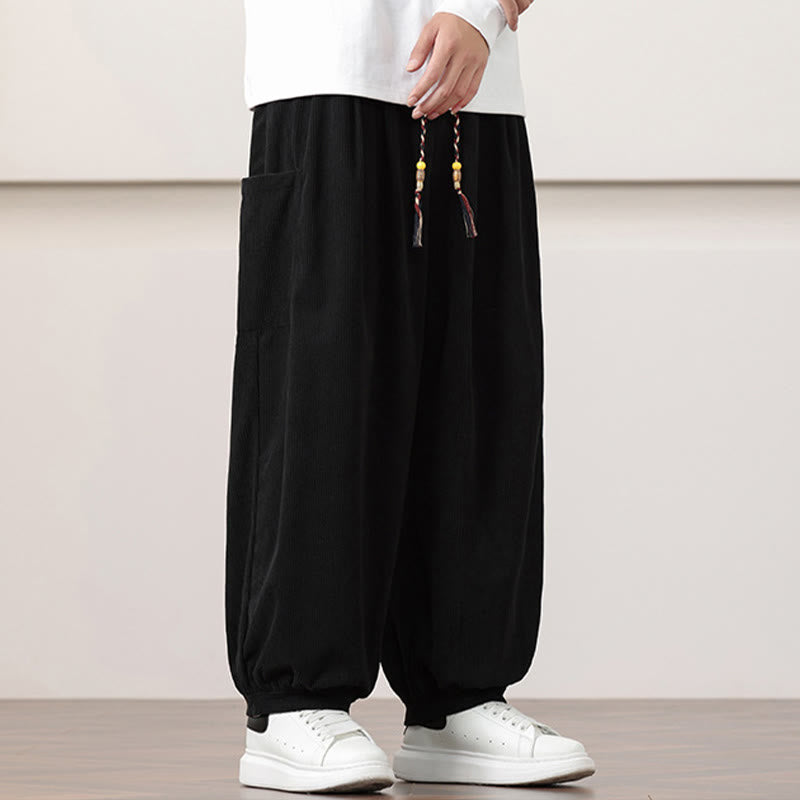 Pantalones harén de pana con cordón y bolsillos de color liso para hombre con Buddha Stones - image 11