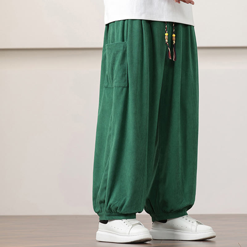 Pantalones harén de pana con cordón y bolsillos de color liso para hombre con Buddha Stones - image 32