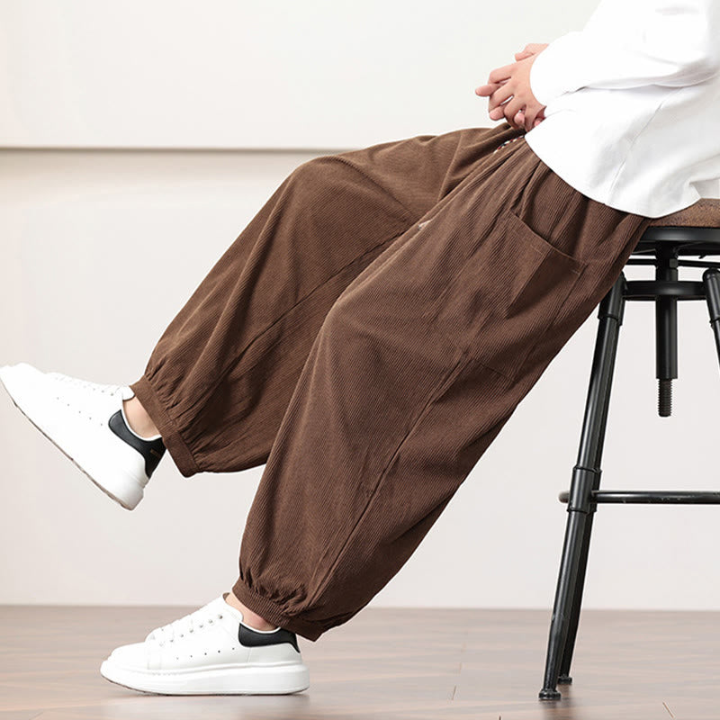 Pantalones harén de pana con cordón y bolsillos de color liso para hombre con Buddha Stones - image 43