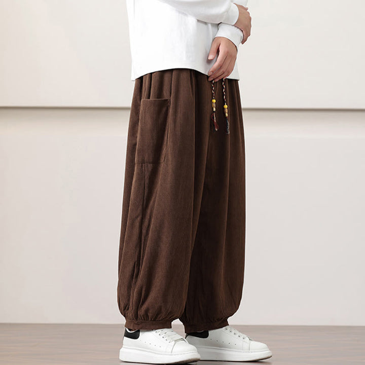 Pantalones harén de pana con cordón y bolsillos de color liso para hombre con Buddha Stones - image 37