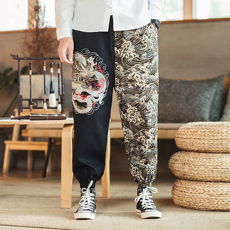Pantalones de hombre de dos tonos con estampado de dragón y Buddha Stones y bolsillos - Negro - US/UK/AU46, EU56 (5XL) - image 0
