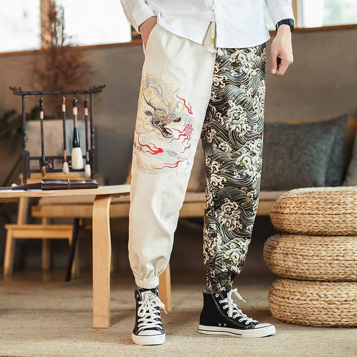 Pantalones de hombre de dos tonos con estampado de dragón y Buddha Stones y bolsillos - Blanco - US/UK/AU46, EU56 (5XL) - image 8