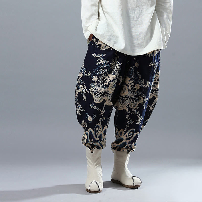 Pantalones de lino y algodón étnicos con cintura elástica y estampado de dragón chino y Buddha Stones para hombre con bolsillos - image 5