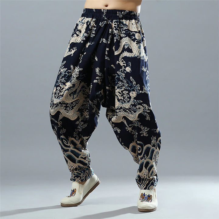 Pantalones de lino y algodón étnicos con cintura elástica y estampado de dragón chino y Buddha Stones para hombre con bolsillos - image 1