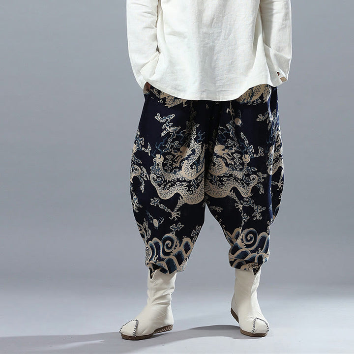 Pantalones de lino y algodón étnicos con cintura elástica y estampado de dragón chino y Buddha Stones para hombre con bolsillos - image 3
