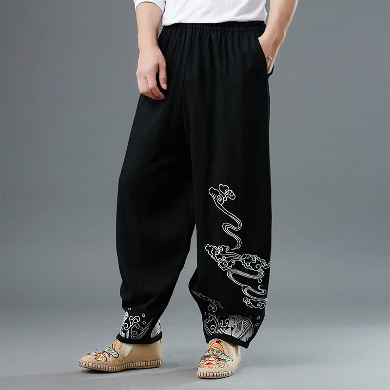 Pantalones étnicos de algodón con cintura elástica y bolsillos para hombre con diseño de Buddha Stones - Negro - US/UK/AU38, EU48 (XL) - image 0
