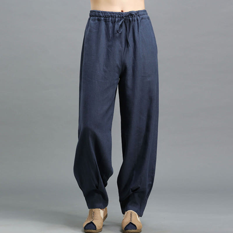 Pantalones de lino ramio con cordón elástico de color liso para hombre con bolsillos y Buddha Stones - Azul oscuro - US/UK/AU38, EU48 (XL) - image 0