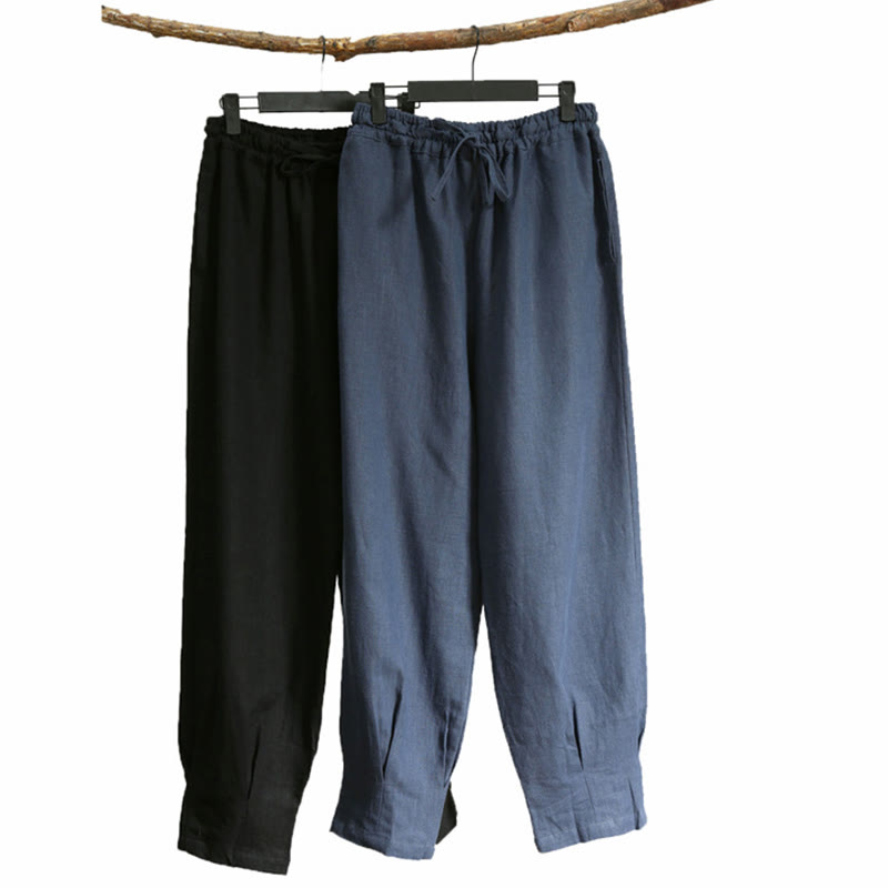 Pantalones de lino ramio con cordón elástico de color liso para hombre con bolsillos y Buddha Stones - image 1