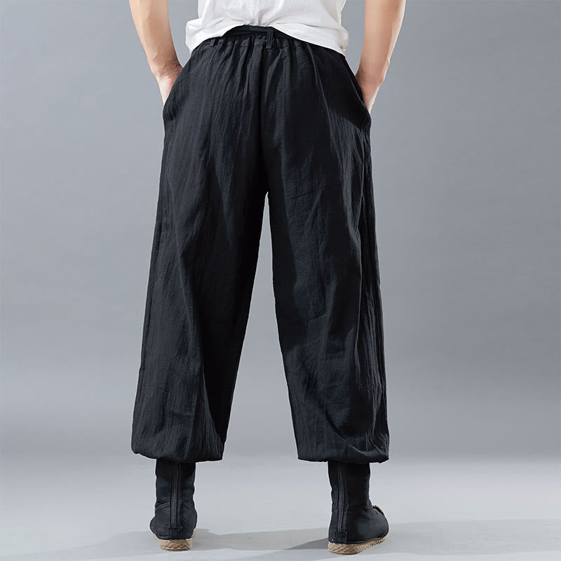 Pantalones de hombre de lino ramio con cremallera frontal de color liso y bolsillos con Buddha Stones