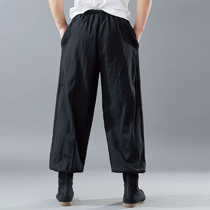 Pantalones de hombre de lino ramio con cremallera frontal de color liso y bolsillos con Buddha Stones