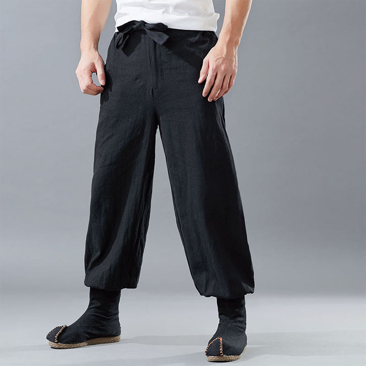 Pantalones de hombre de lino ramio con cremallera frontal de color liso y bolsillos con Buddha Stones