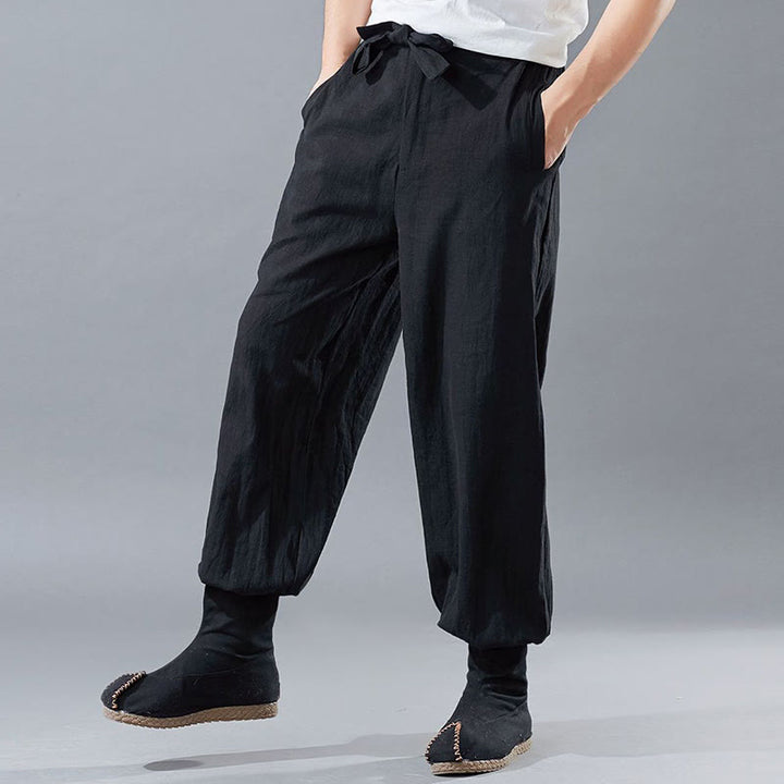 Pantalones de hombre de lino ramio con cremallera frontal de color liso y bolsillos con Buddha Stones