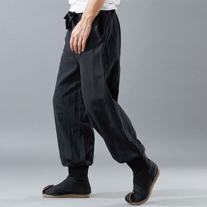 Pantalones de hombre de lino ramio con cremallera frontal de color liso y bolsillos con Buddha Stones
