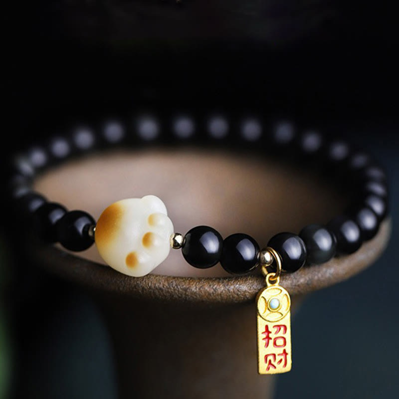 Pulsera purificadora con amuleto de la suerte y la fortuna con semillas de Bodhi y pata de gato de obsidiana negra y Buddha Stones - Obsidiana negra de 6 mm (circunferencia de la muñeca: 14-16 cm) - image 1