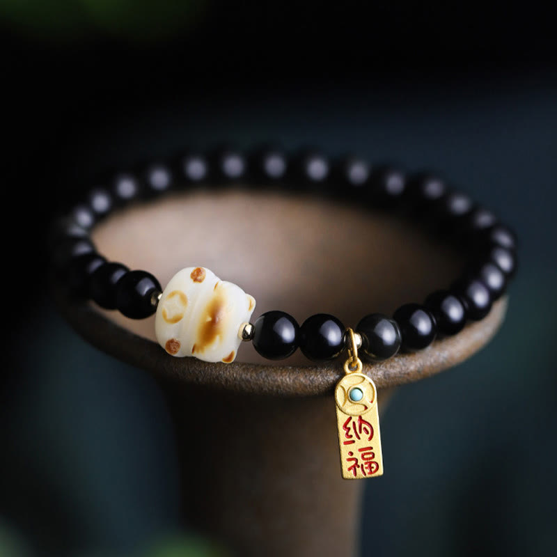 Pulsera purificadora con amuleto de la suerte y la fortuna con semillas de Bodhi y pata de gato de obsidiana negra y Buddha Stones - image 2