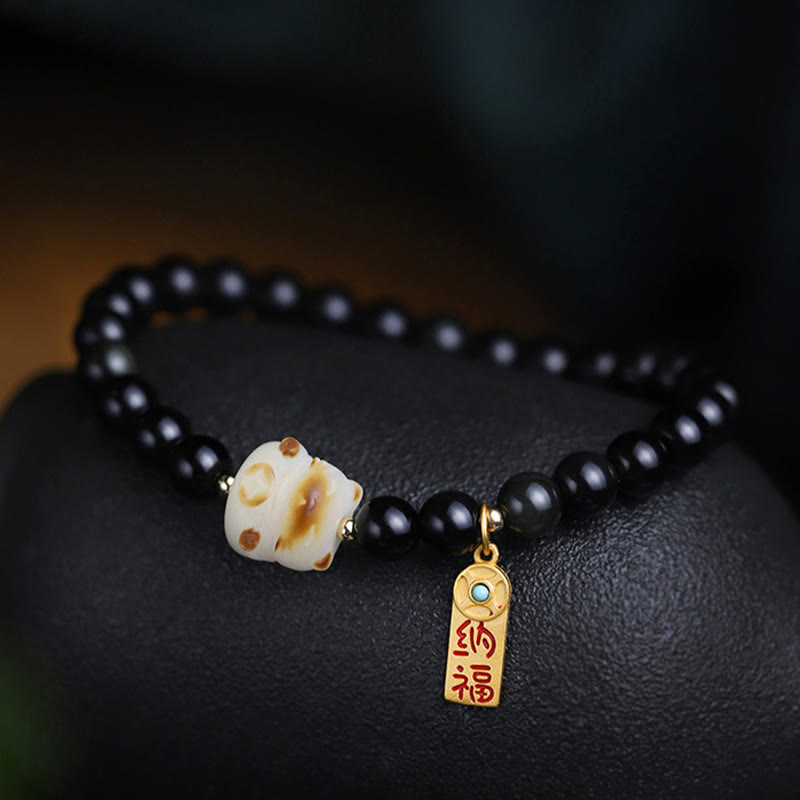 Pulsera purificadora con amuleto de la suerte y la fortuna con semillas de Bodhi y pata de gato de obsidiana negra y Buddha Stones - image 8