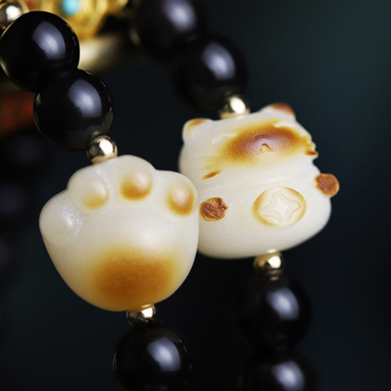 Pulsera purificadora con amuleto de la suerte y la fortuna con semillas de Bodhi y pata de gato de obsidiana negra y Buddha Stones - image 11