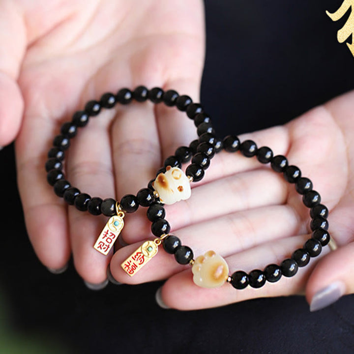 Pulsera purificadora con amuleto de la suerte y la fortuna con semillas de Bodhi y pata de gato de obsidiana negra y Buddha Stones - image 10