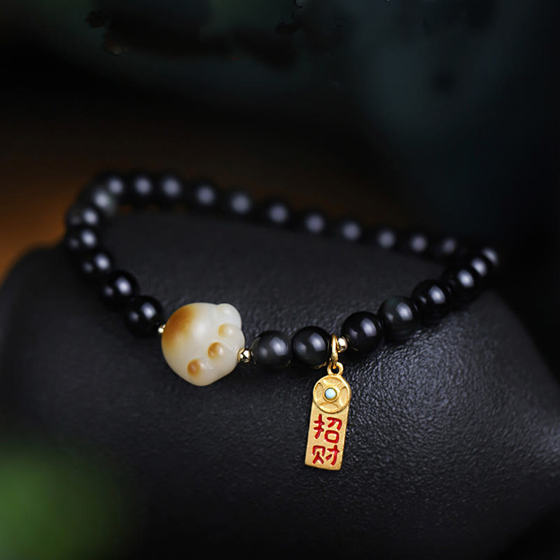 Pulsera purificadora con amuleto de la suerte y la fortuna con semillas de Bodhi y pata de gato de obsidiana negra y Buddha Stones - image 7