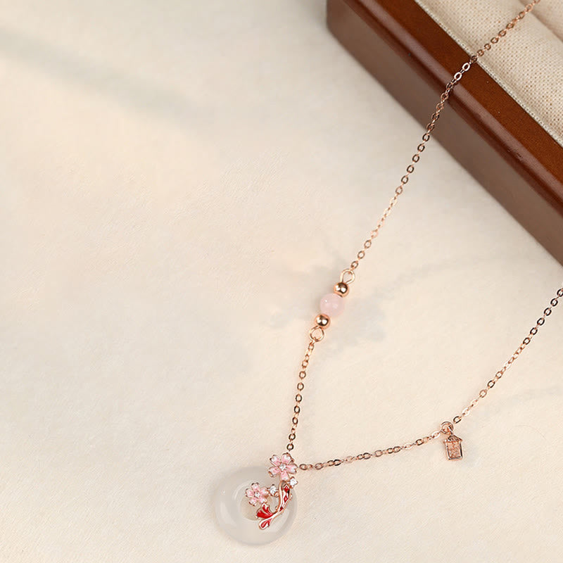 Colgante con hebilla de paz y pez koi con flores de plata de ley 925 y cristales rosas de calcedonia y Buddha Stones - image 1