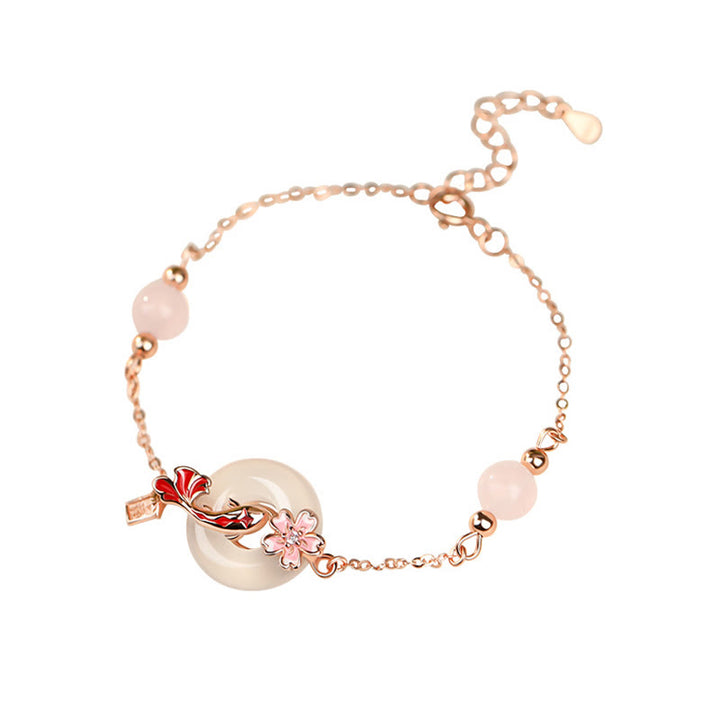 Pulsera positiva con hebilla de paz y flores de pez koi en plata de ley 925 con cristales de calcedonia rosa y Buddha Stones