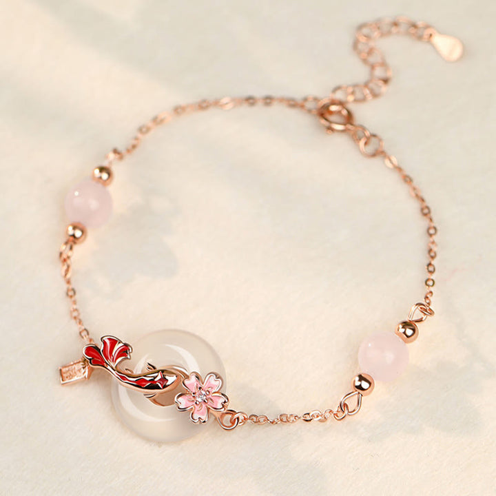 Pulsera positiva con hebilla de paz y flores de pez koi en plata de ley 925 con cristales de calcedonia rosa y Buddha Stones