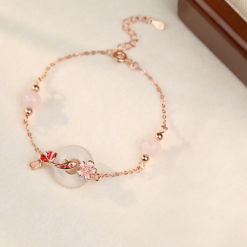 Pulsera positiva con hebilla de paz y flores de pez koi en plata de ley 925 con cristales de calcedonia rosa y Buddha Stones