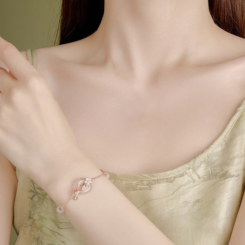 Pulsera positiva con hebilla de paz y flores de pez koi en plata de ley 925 con cristales de calcedonia rosa y Buddha Stones - image 4