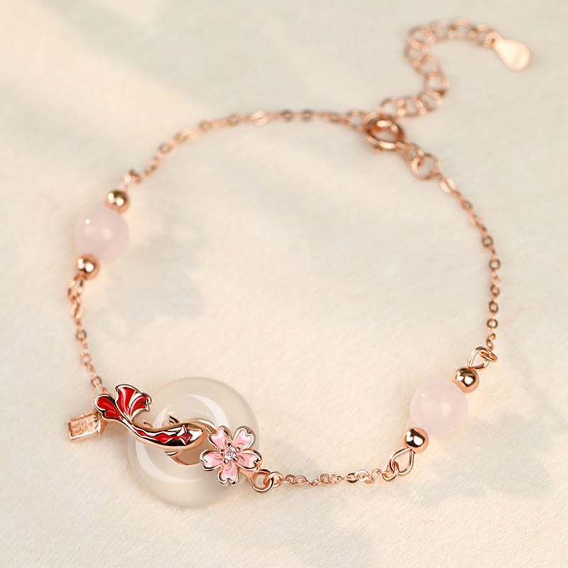 Pulsera positiva con hebilla de paz y flores de pez koi en plata de ley 925 con cristales de calcedonia rosa y Buddha Stones - Calcedonia en plata de ley 925 (circunferencia de la muñeca: 14-18 cm) - image 0