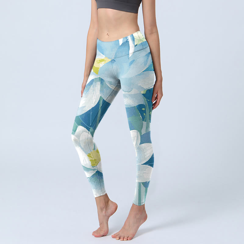Leggings de yoga para mujer con estampado de loto azul y blanco y Buddha Stones - Azul - US18，UK/AU22，EU50 (4XL) - image 1