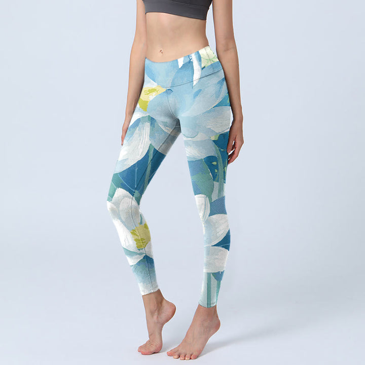 Leggings de yoga para mujer con estampado de loto azul y blanco y Buddha Stones - Azul - US18，UK/AU22，EU50 (4XL) - image 1