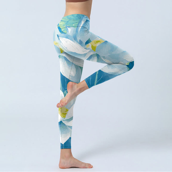 Leggings de yoga para mujer con estampado de loto azul y blanco y Buddha Stones - image 4