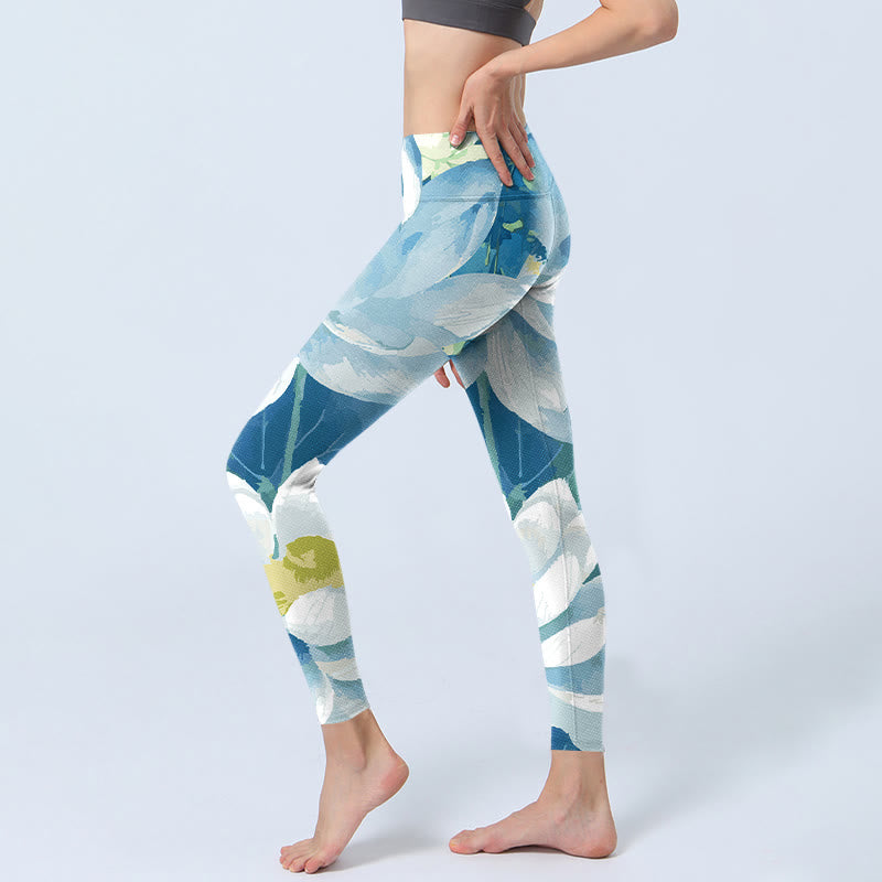 Leggings de yoga para mujer con estampado de loto azul y blanco y Buddha Stones - image 3