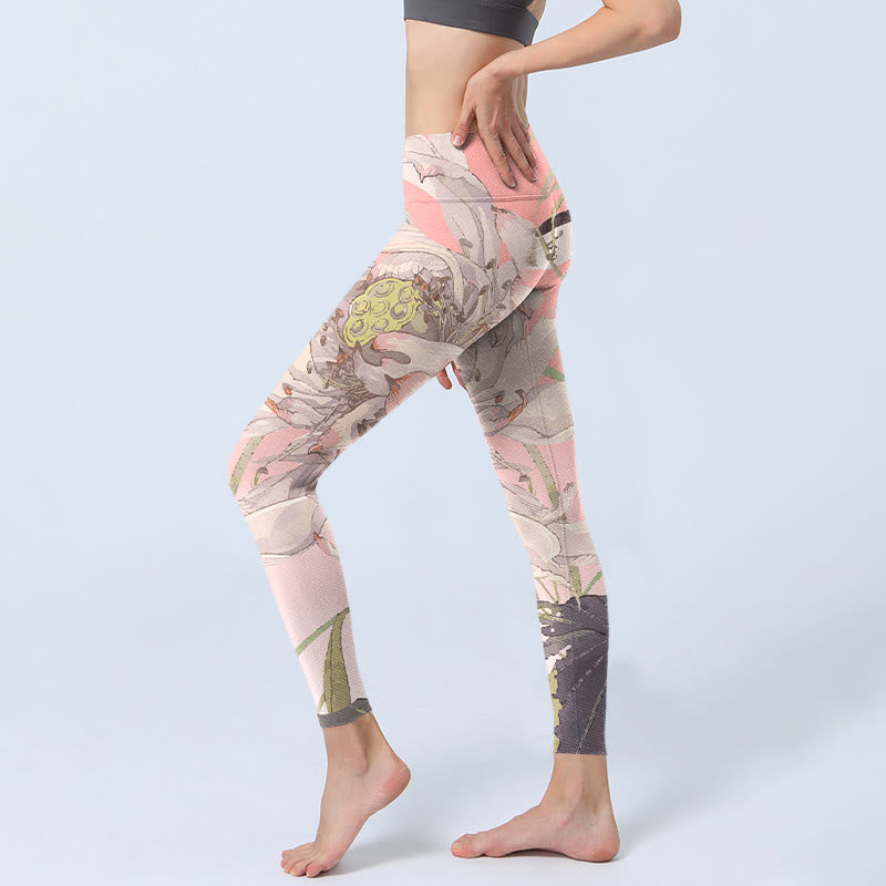 Leggings de yoga para mujer con estampado de loto blanco marchito y Buddha Stones - image 2