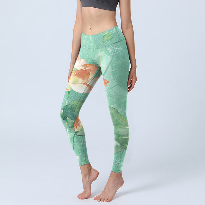 Leggings de yoga para mujer con estampado de Buddha Stones de loto y vainas de semillas - Verde primavera medio - US18，UK/AU22，EU50 (4XL) - image 0