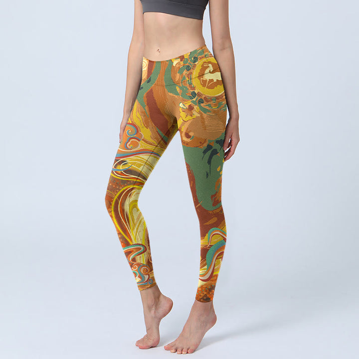 Leggings de yoga para mujer con estampado de ondas de nubes doradas y Buddha Stones