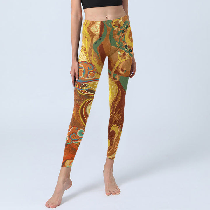 Leggings de yoga para mujer con estampado de ondas de nubes doradas y Buddha Stones