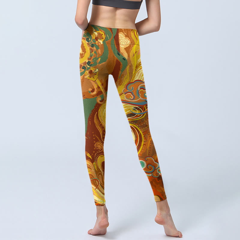 Leggings de yoga para mujer con estampado de ondas de nubes doradas y Buddha Stones