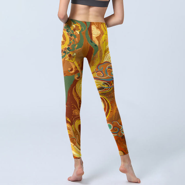 Leggings de yoga para mujer con estampado de ondas de nubes doradas y Buddha Stones
